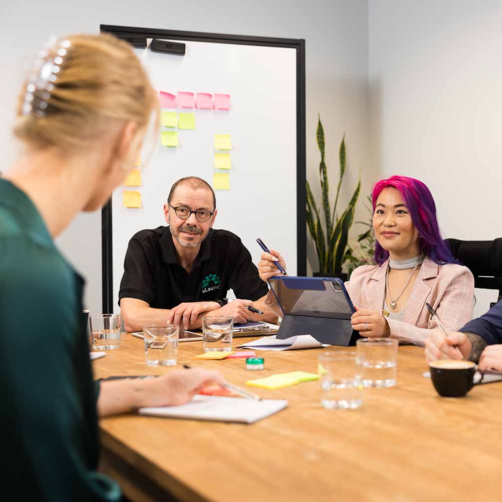 Image of a croup of young people and a consultant sitting around a table