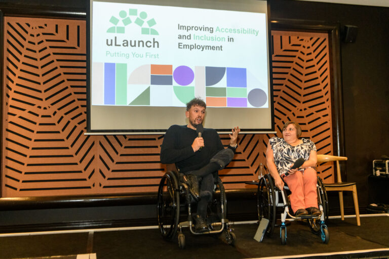 Lisa Chaffey and Dylan Alcott during the Q&A session on stage.